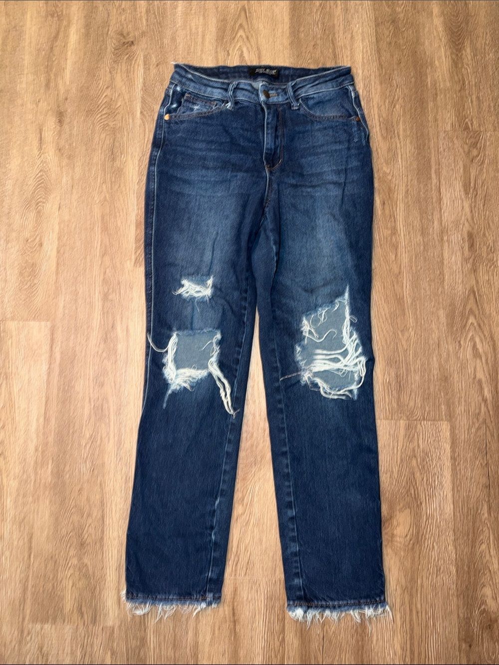 Judy Blue Distressed Knee Straight Leg Jeans Frayed Hem Medium Wash Size 27